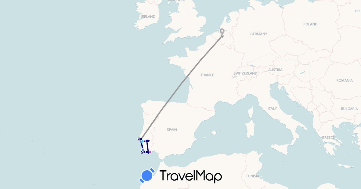 TravelMap itinerary: driving, plane, cycling, train, hiking, boat in Belgium, Portugal (Europe)