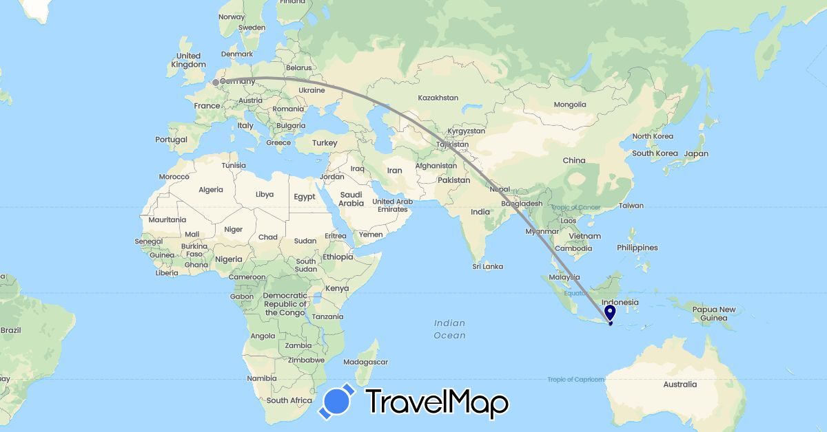 TravelMap itinerary: driving, plane, hiking, motorbike in Belgium, Indonesia (Asia, Europe)