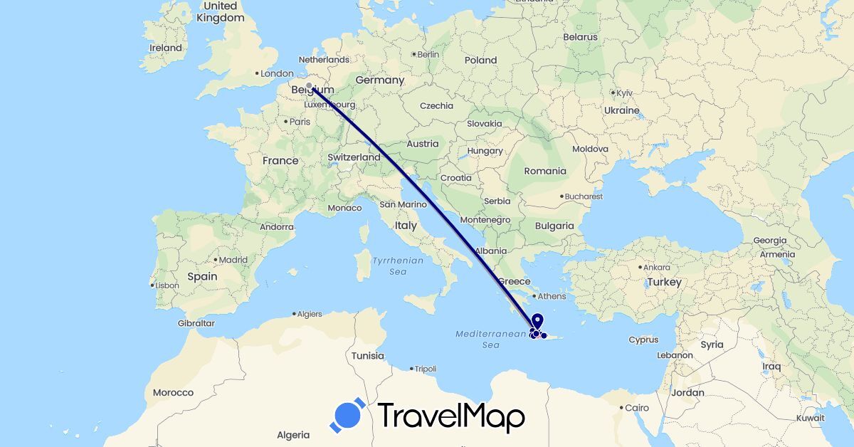 TravelMap itinerary: driving, bus, plane, hiking, boat in Belgium, Greece (Europe)